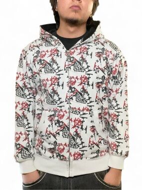 Vintage Silver Point All-Over Print Skull and Fleur-de-lis Full Zip Hoodie‎